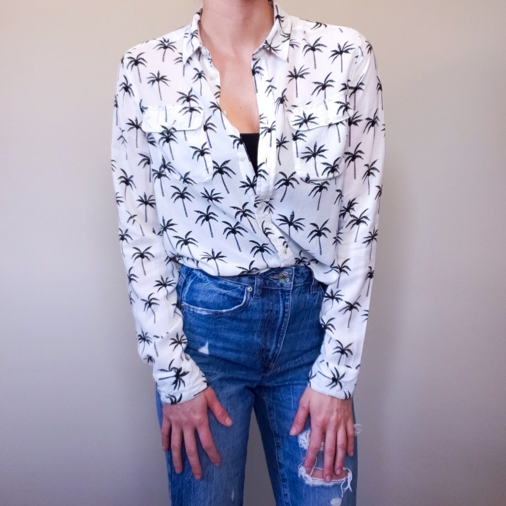 Ae Button Down Collared Palm Tree Blouse White - image 1